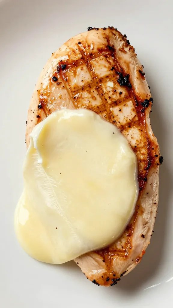single melted mozzarella slice on seared chicken breast