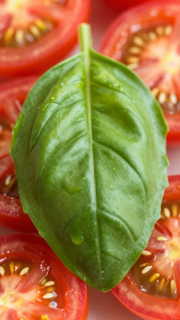 fresh basil leaf on sliced cherry tomato, macro shot
