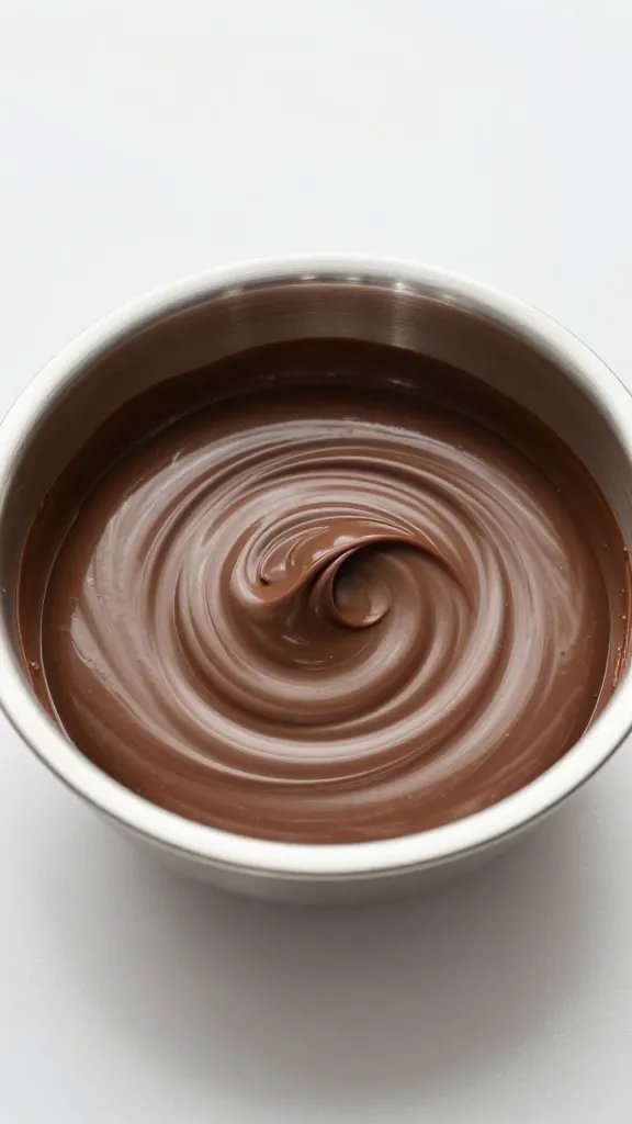 swirl of melted butter-rich chocolate in small steel bowl