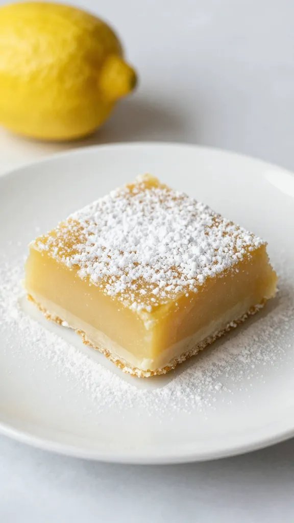 single keto lemon bar on white plate, powdered erythritol dusting