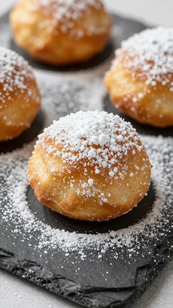 closeup keto zeppole dusted with powdered erythritol on slate