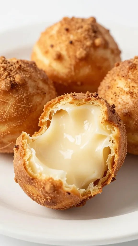 keto zeppole torn open showing tender crumb, cinnamon coating