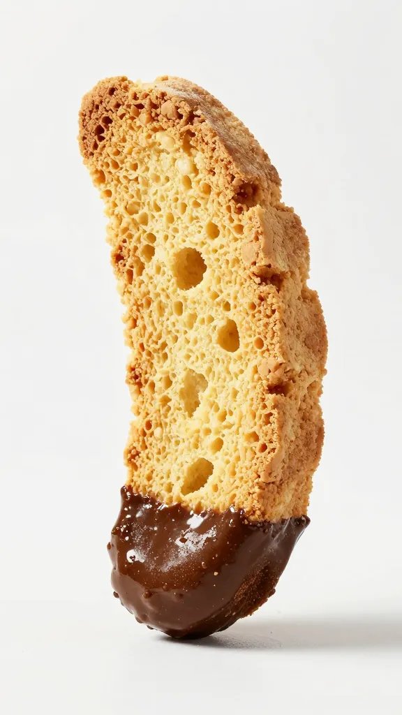 single biscotti being dipped into espresso, crisp surface detail