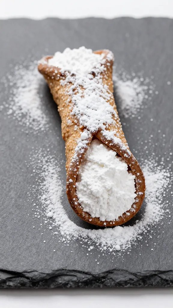 powdered allulose dusting a single cannoli bite on slate plate