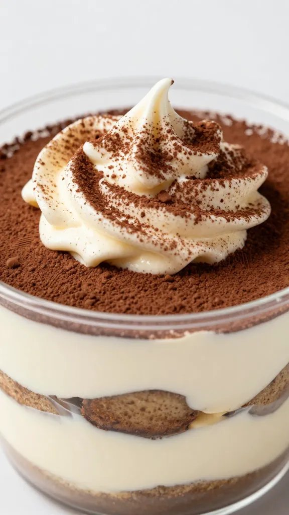 closeup keto tiramisu cup with cocoa-dusted mascarpone swirl