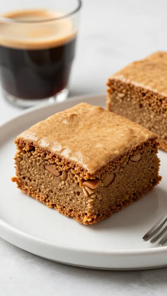 almond flour sponge square soaked in espresso, macro shot