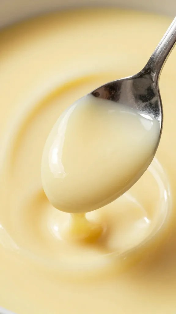 glossy zabaglione spoonful, vanilla bean flecks visible