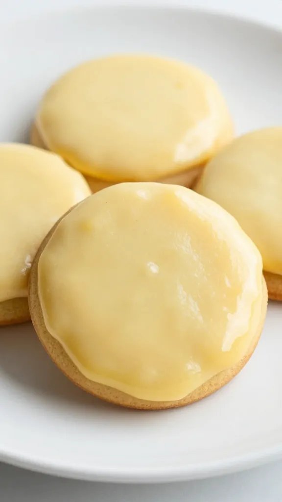closeup of lemon-glazed ricotta cookie on white plate