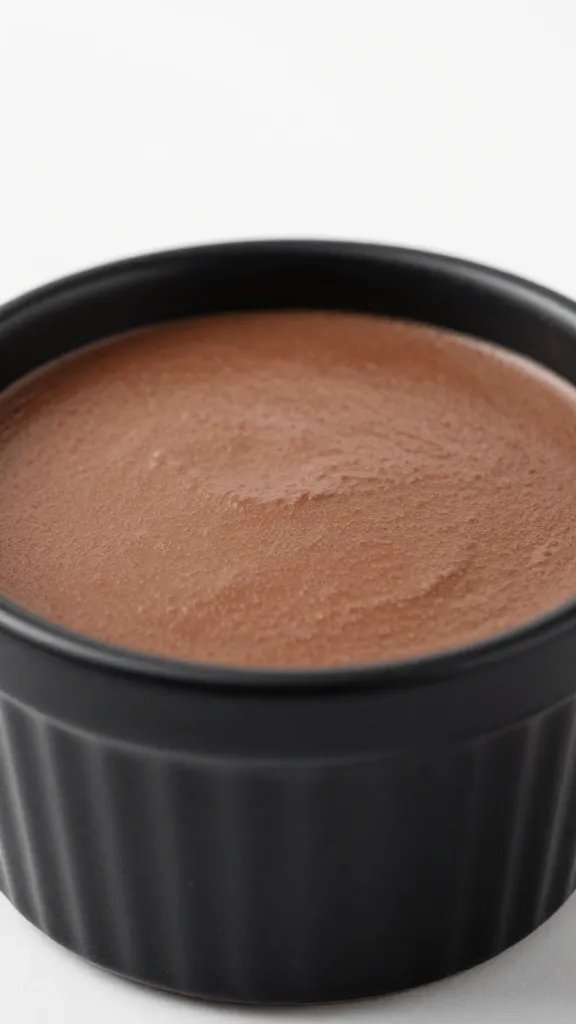 closeup keto chocolate ricotta mousse in matte black ramekin
