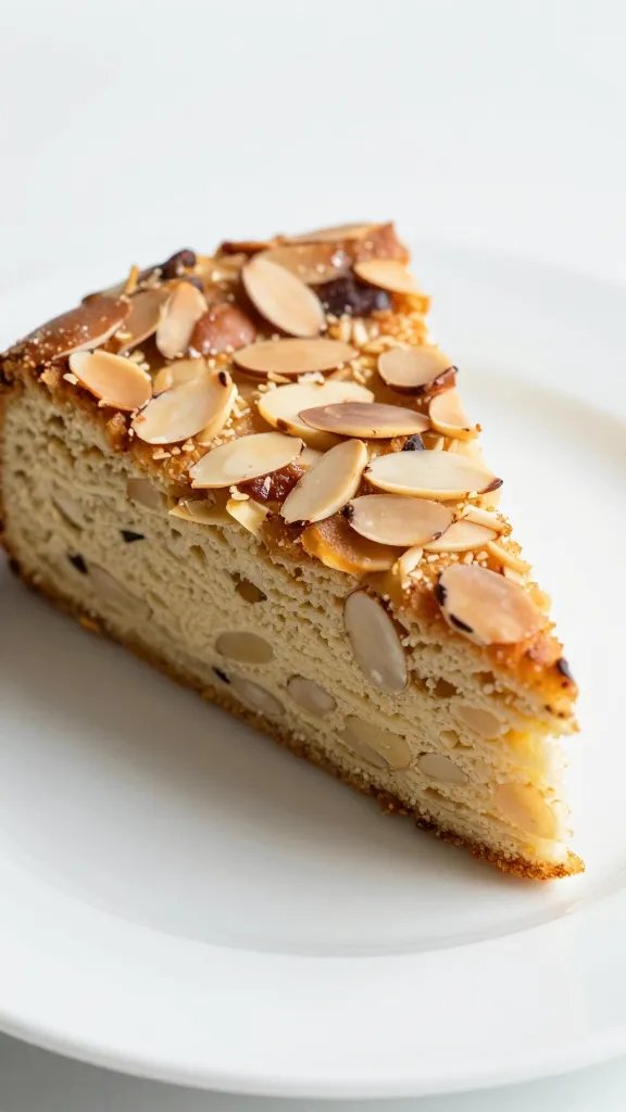 closeup slice of low-carb Italian almond cake on white plate