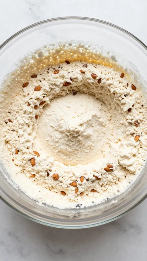 overhead shot of almond flour batter in whisked glass bowl