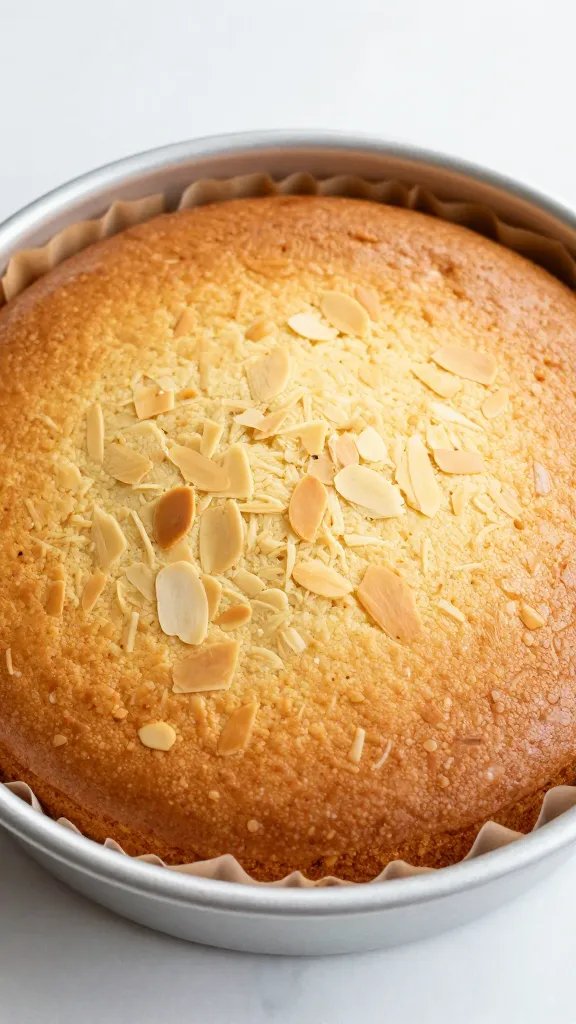 golden browned almond cake in round pan, parchment-lined
