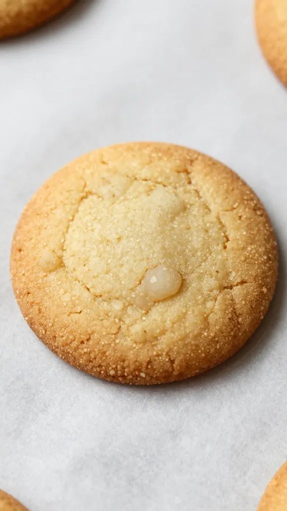 closeup of a single keto amaretto cookie on parchment