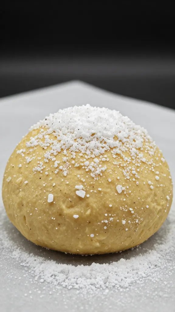 almond-flour dough ball dusted with erythritol, macro shot