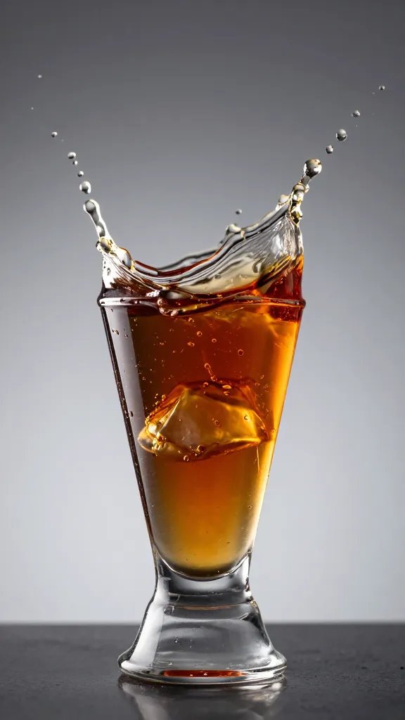 splash of amaretto liqueur in a jigger, studio closeup