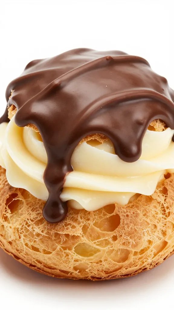 low-carb Italian cream puff closeup with glossy chocolate drizzle
