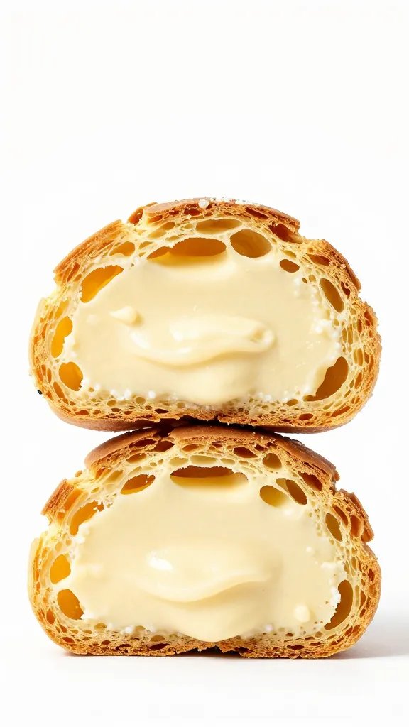 mascarpone-filled cream puff sliced open, airy golden shell