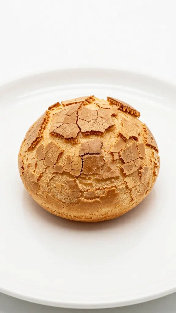 single cream puff on matte white plate, crackled choux texture