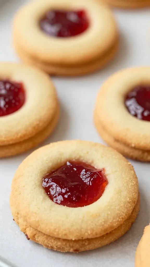 closeup almond flour thumbprint cookie with raspberry jam center