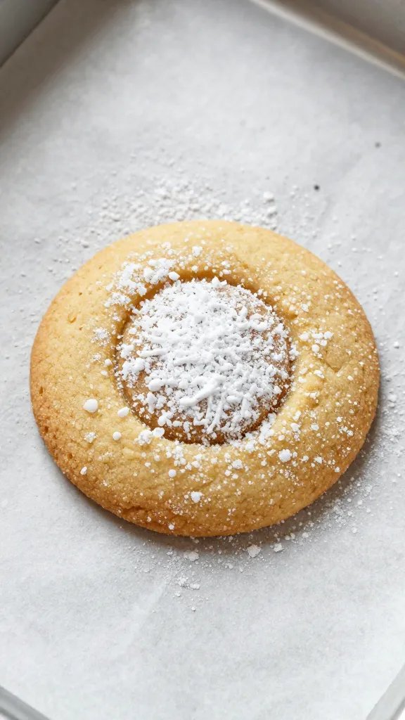 single almond flour thumbprint cookie on parchment, powdered sugar dusting