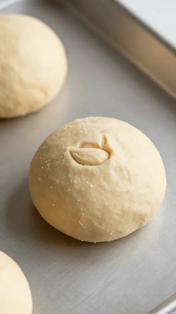 almond flour dough ball with thumbprint indentation on baking sheet