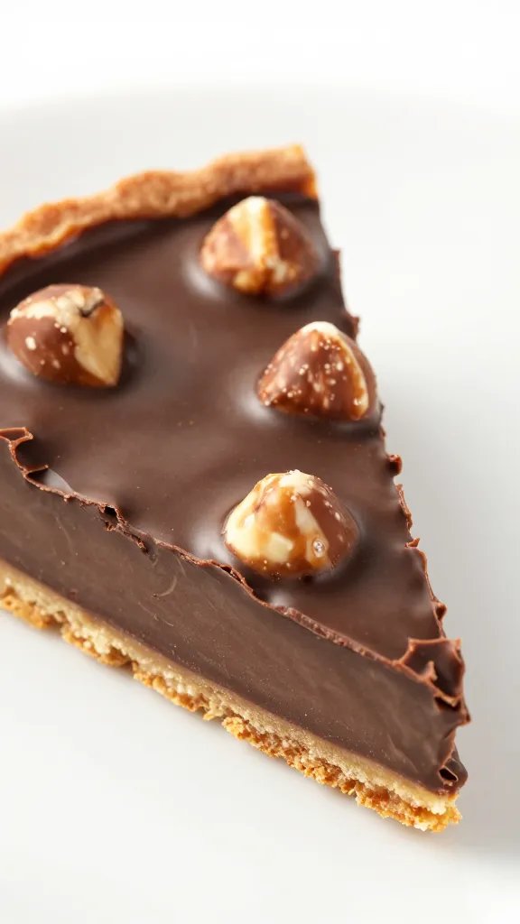 closeup keto chocolate hazelnut tart slice with glossy ganache