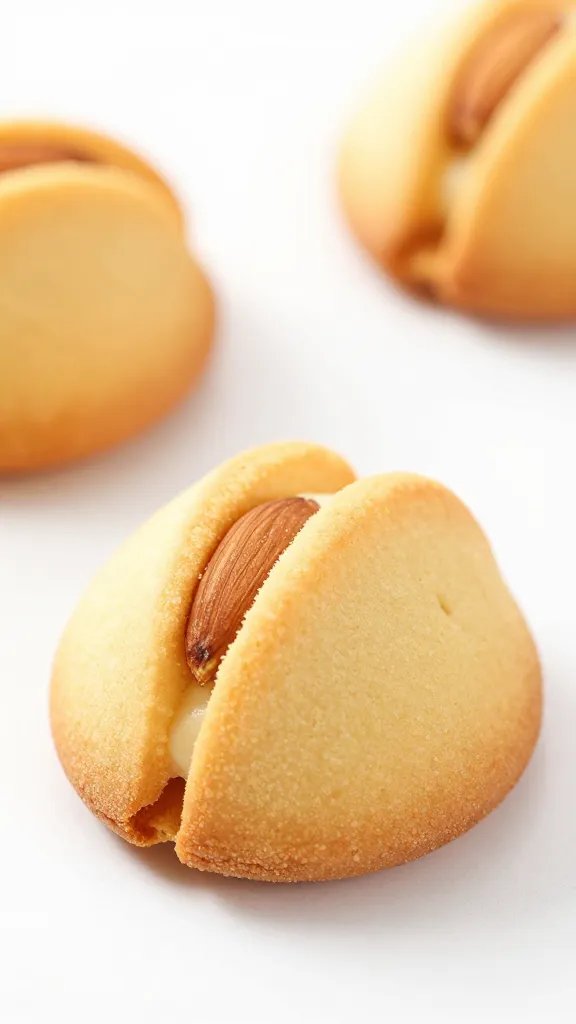 golden-edged nut horn cookie with almond filling, macro