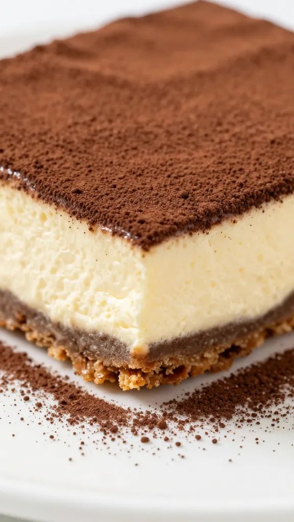 single tiramisu-style cheesecake bar dusted with cocoa, macro