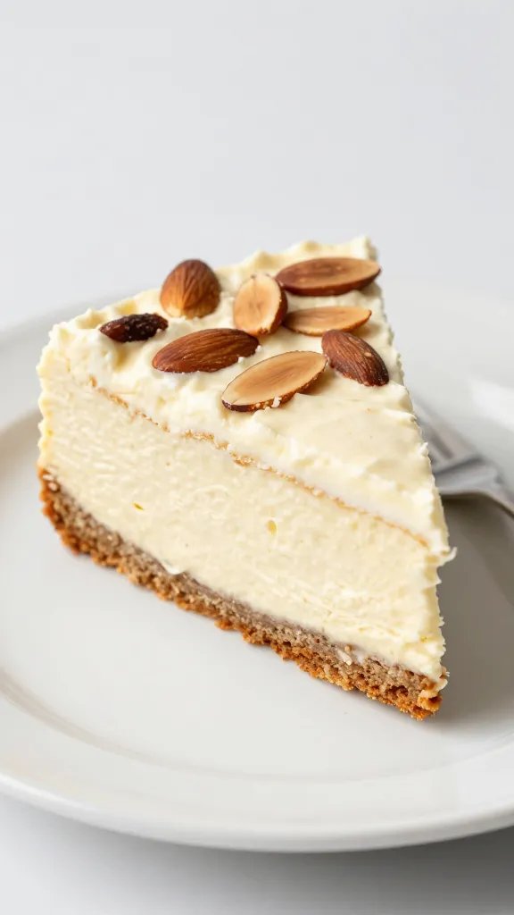 closeup slice of keto almond ricotta cake on white plate