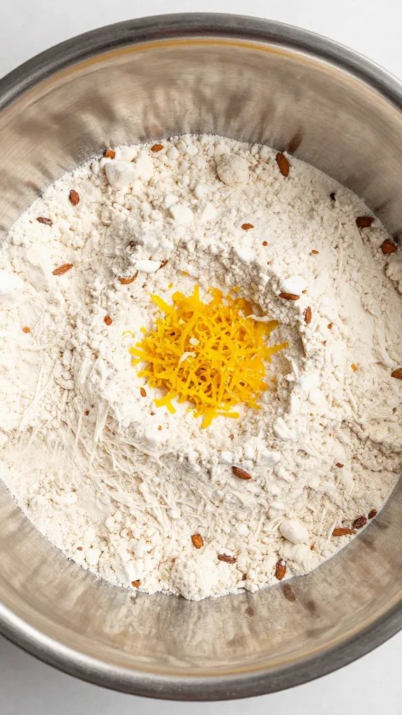 overhead almond flour in stainless bowl with microplaned lemon zest