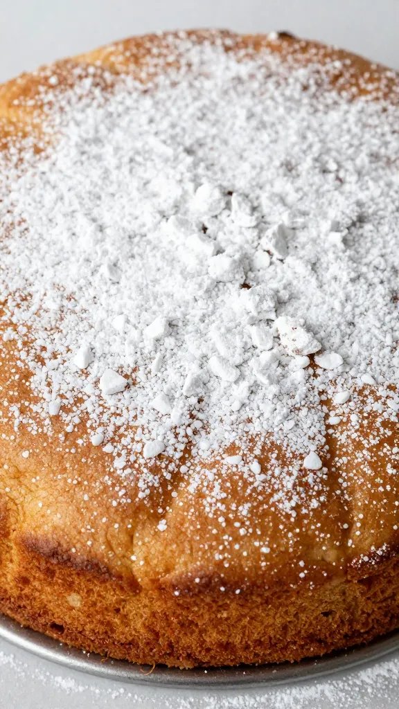golden-brown keto ricotta cake dusted with powdered erythritol, closeup