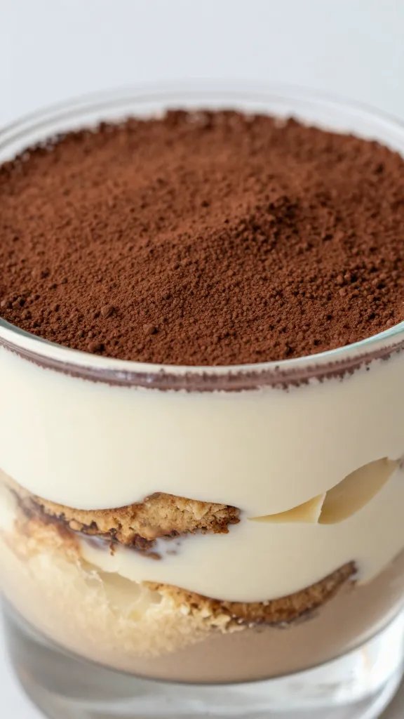 closeup keto tiramisu parfait in glass, mascarpone layers