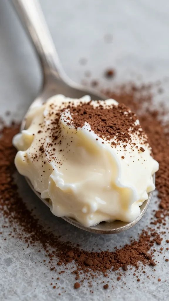 spoonful of mascarpone cream dusted with cocoa, macro shot