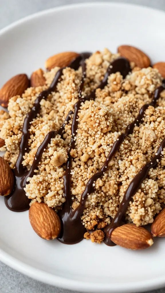 almond-coconut crumble topped with espresso drizzle, closeup on plate