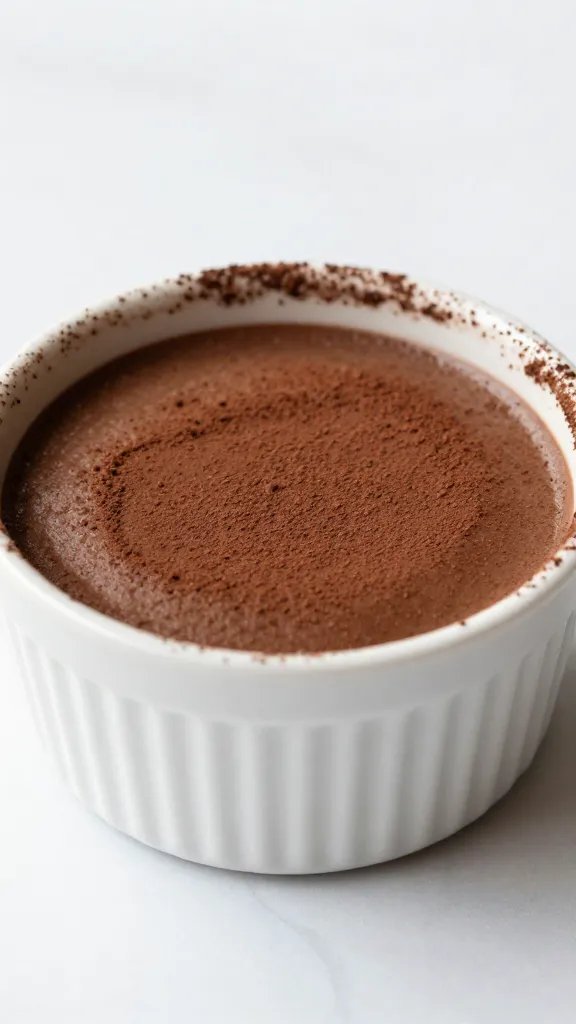 single ramekin of bittersweet chocolate mousse, cocoa-dusted rim