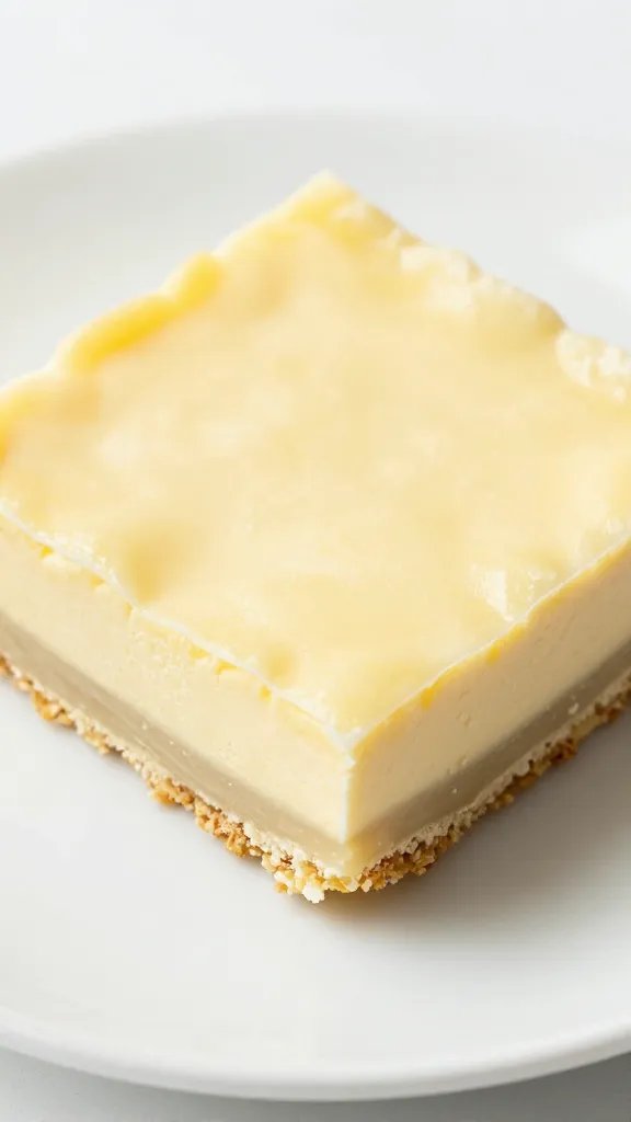 closeup keto lemon mascarpone bar on white plate