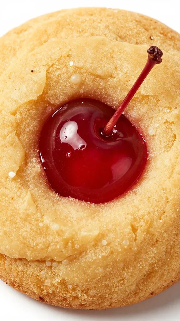 almond flour butter cookie with cherry center, macro shot