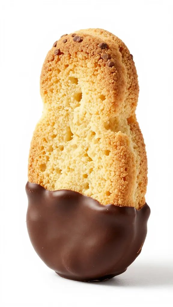 single keto biscotti half-dipped in glossy dark chocolate