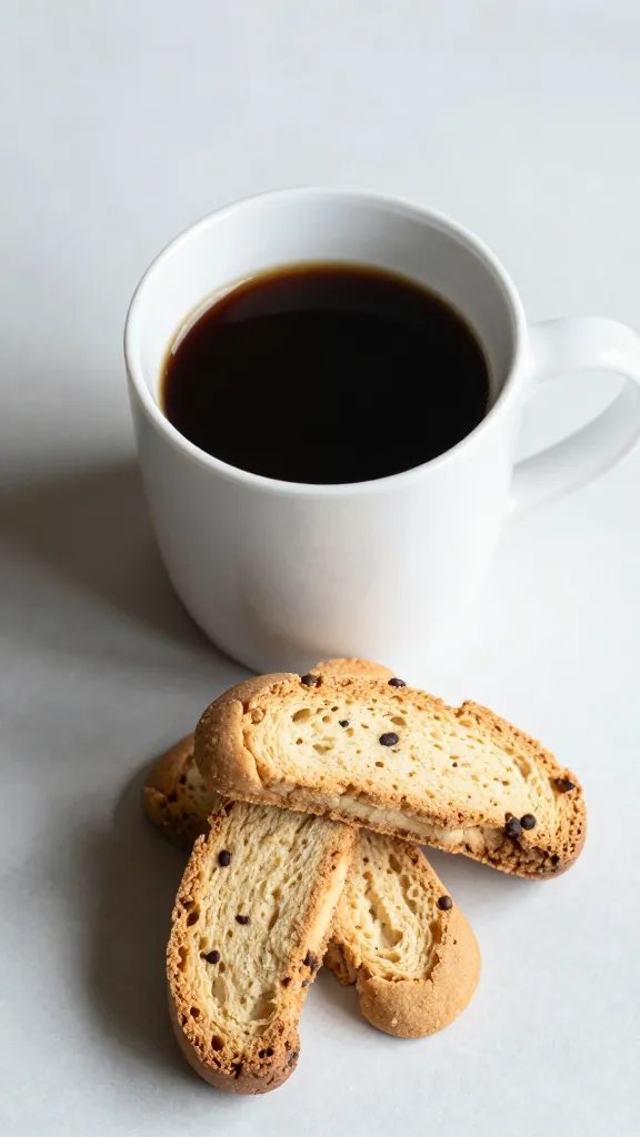 keto biscotti end-on dunk into black coffee mug