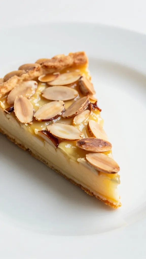 closeup slice of low-carb Italian almond tart on white plate