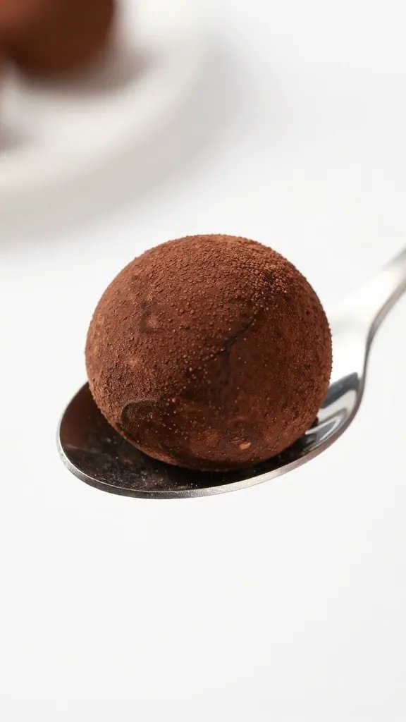 stainless spoon holding one cocoa-rolled keto espresso truffle