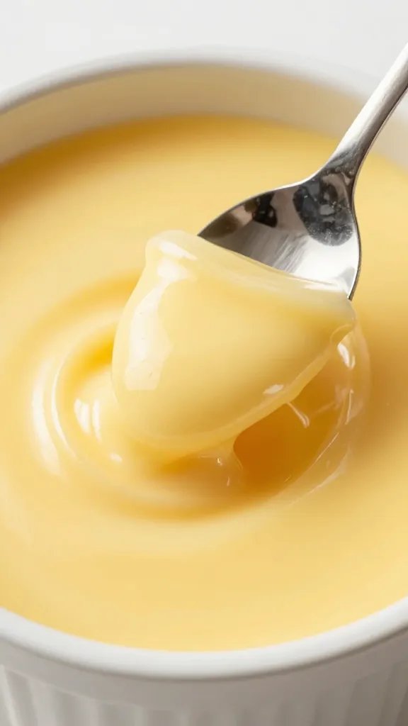 spoon dipping into glossy sugar-free crema pasticcera