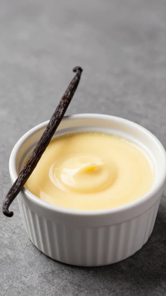 vanilla bean pod beside smooth custard in white ramekin