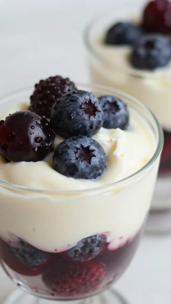closeup mascarpone berry parfait in clear glass, soft light
