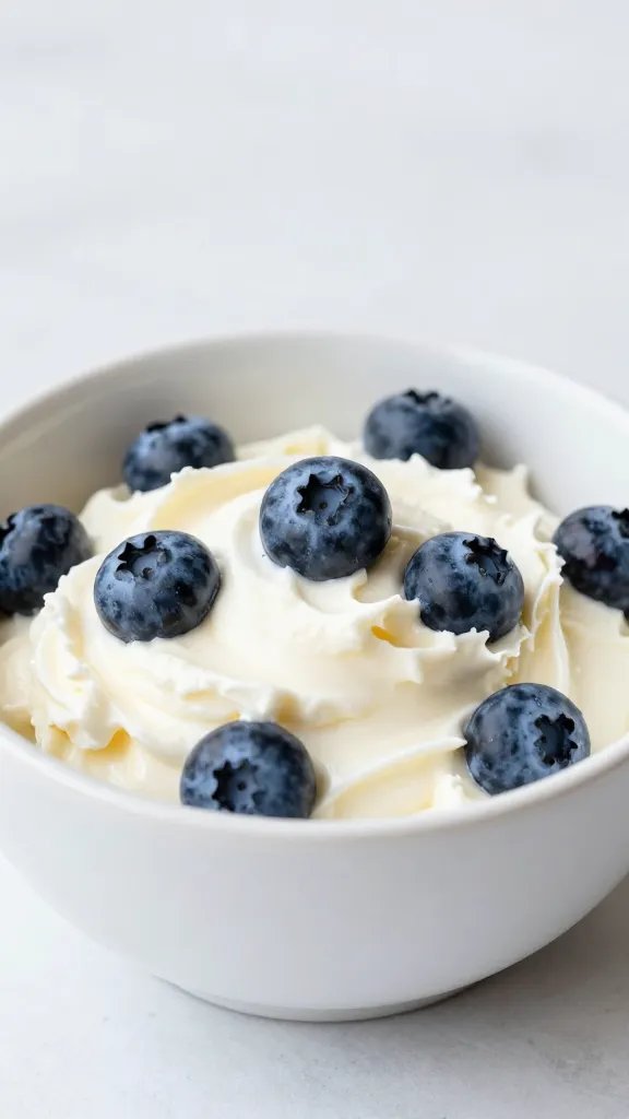 single white bowl of keto mascarpone blueberries, shallow depth
