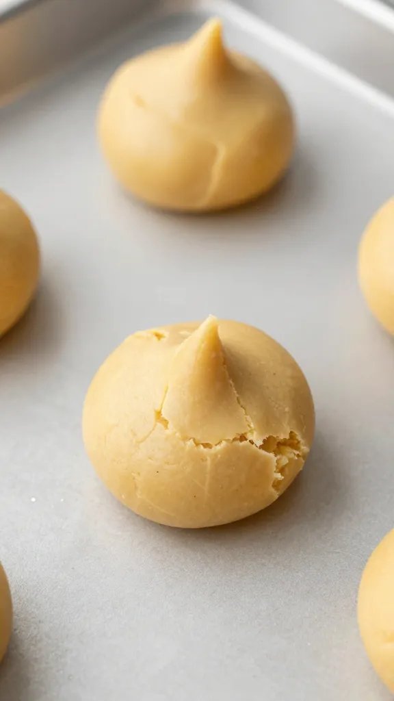 almond ricotta cookie dough scoop on sheet pan, overhead closeup