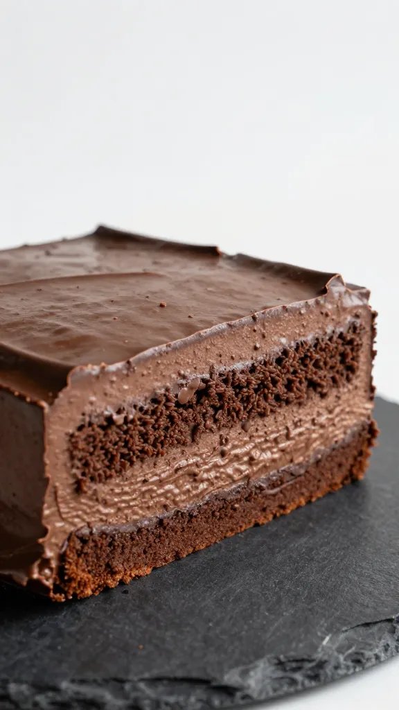 closeup slice of keto Italian chocolate cream cake on slate