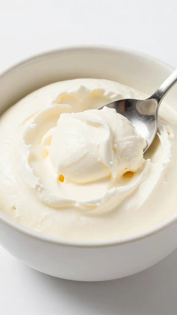 closeup bowl of keto vanilla ricotta with spoon, white backdrop
