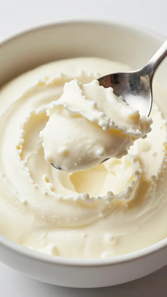 spoonful of creamy vanilla ricotta held above bowl, macro shot