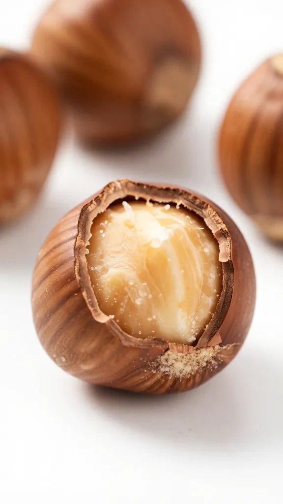 single keto hazelnut truffle with cracked shell, macro